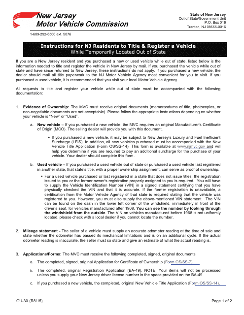 Instructions for Title and Register a Vehicle While Temporarily Located out of State - New Jersey