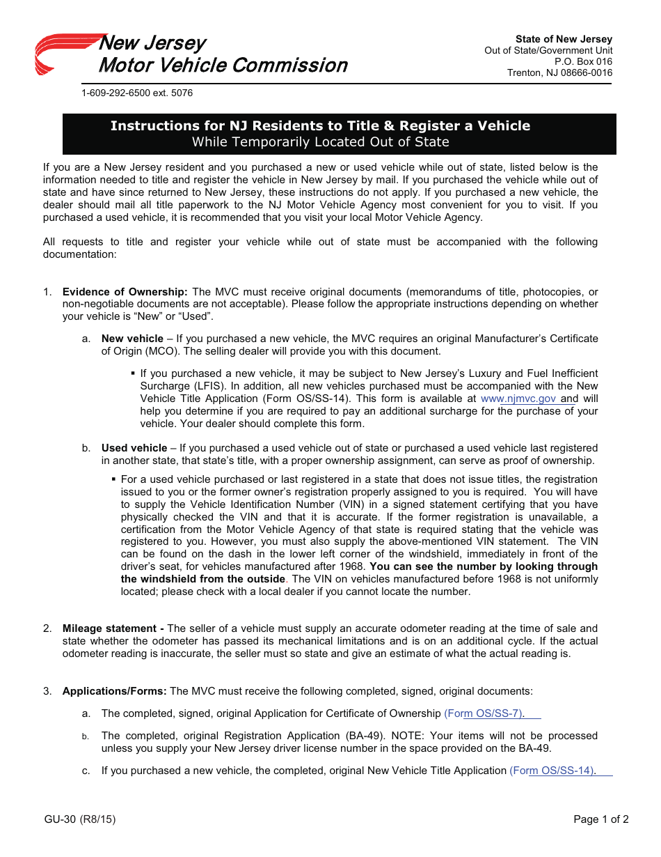 Instructions for Title and Register a Vehicle While Temporarily Located out of State - New Jersey, Page 1