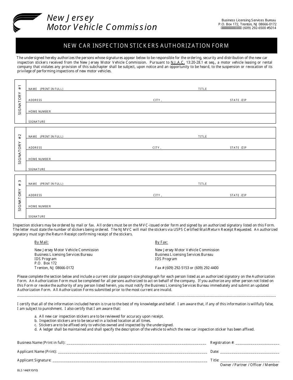 Form BLS144 New Car Inspection Stickers Authorization Form - New Jersey, Page 1