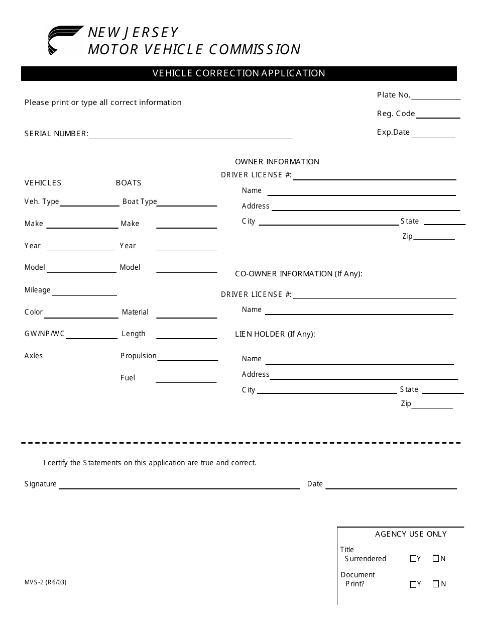 Form MVS-2 Vehicle Correction Application - New Jersey, Page 1