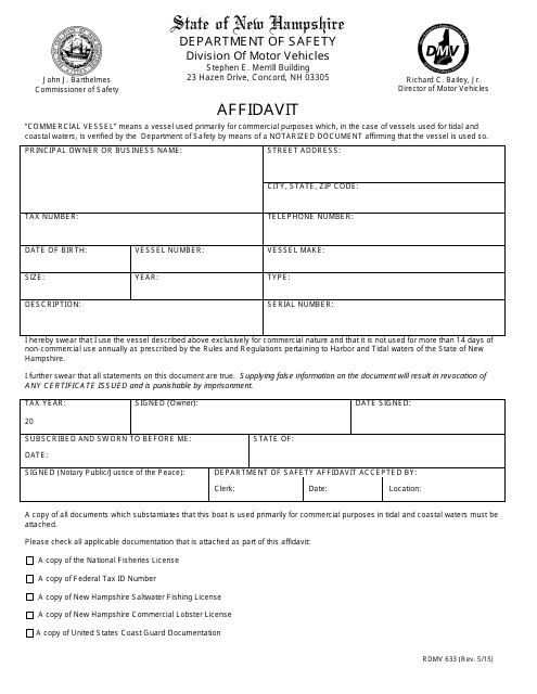 Form RDMV633 Affidavit - New Hampshire