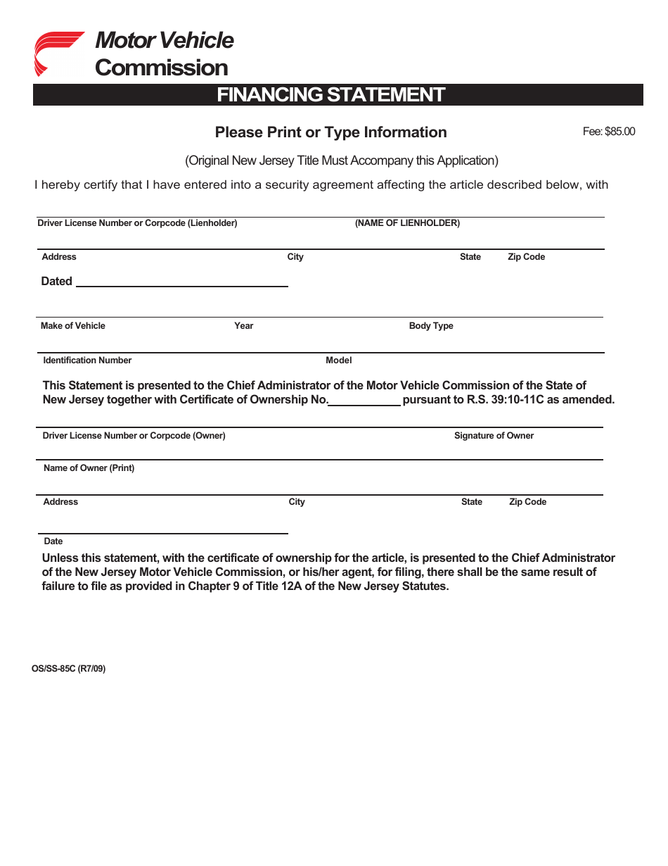 Form OS / SS-85C Financing Statement - New Jersey, Page 2