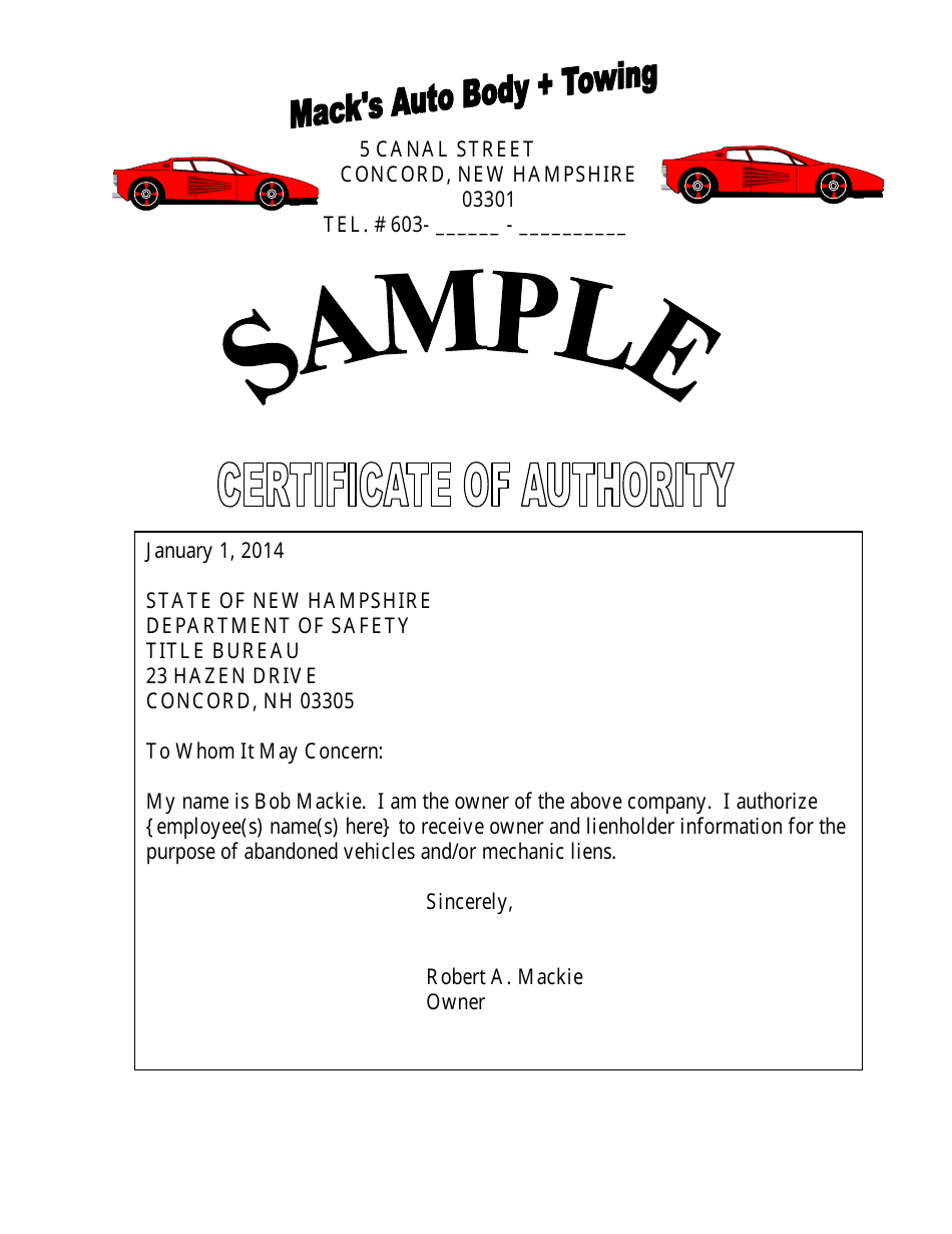 Sample Certificate of Authority - New Hampshire, Page 1
