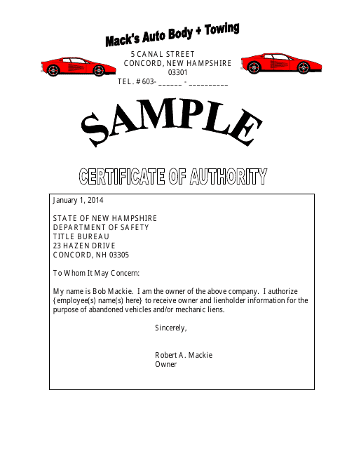 Sample Certificate of Authority - New Hampshire