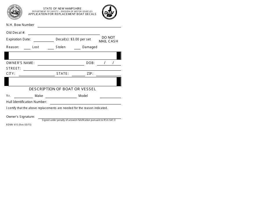 Form RDMV415 Application for Replacement Boat Decals - New Hampshire, Page 1
