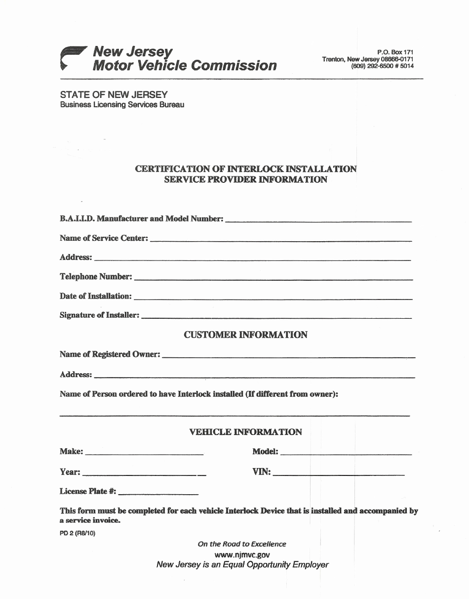 Form PD2 Certification of Interlock Installation Service Provider Information - New Jersey, Page 1