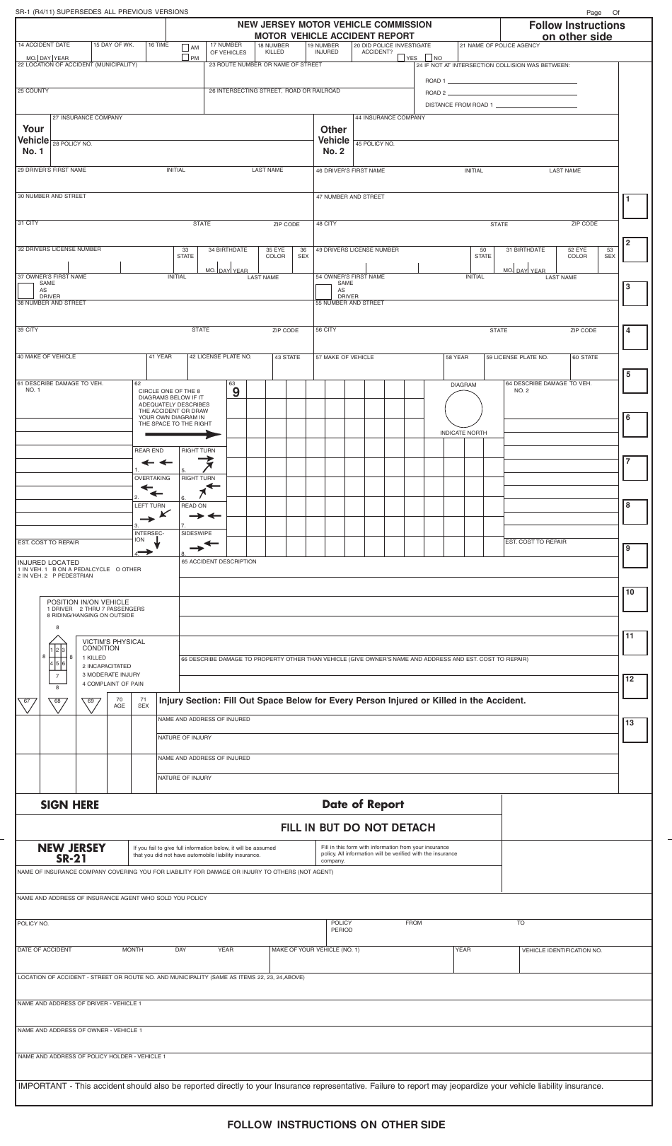 Form SR-1 Motor Vehicle Accident Report - New Jersey, Page 1