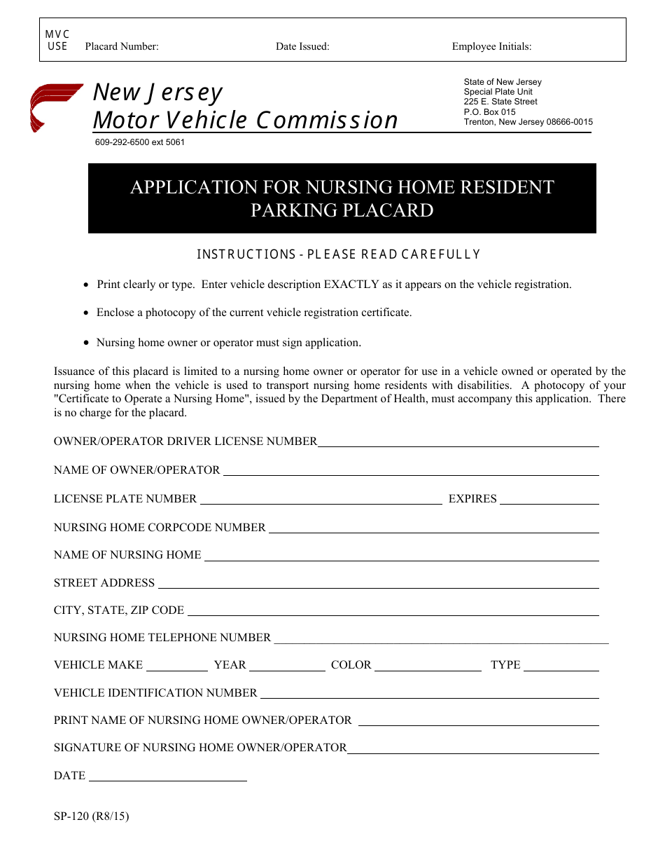 Form SP-120 Application for Nursing Home Resident Parking Placard - New Jersey, Page 1