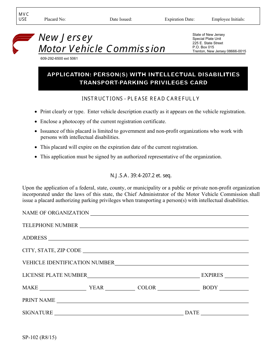 Form SP-102 Application: Person(s) With Intellectual Disabilities Transport-Parking Privileges Card - New Jersey, Page 1