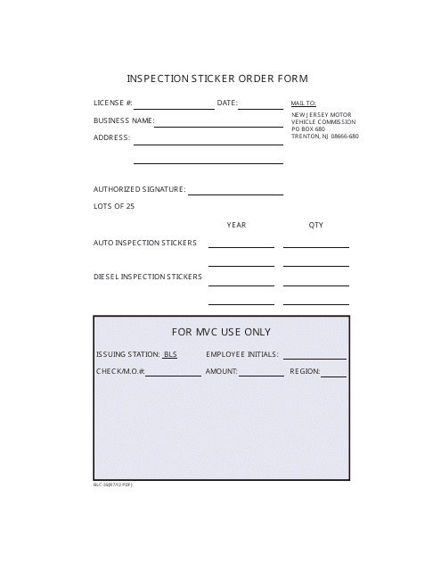 Form BLC-35 Inspection Sticker Order Form - New Jersey