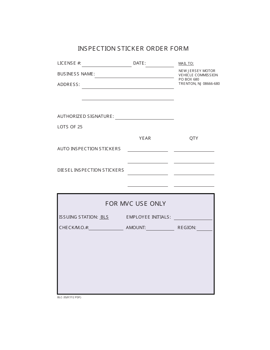 Form BLC-35 Inspection Sticker Order Form - New Jersey, Page 1