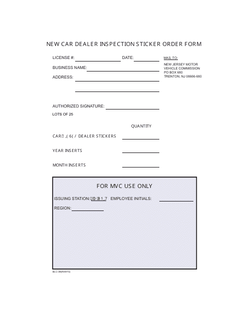 Form BLC-38 New Car Dealer Inspection Sticker Order Form - New Jersey