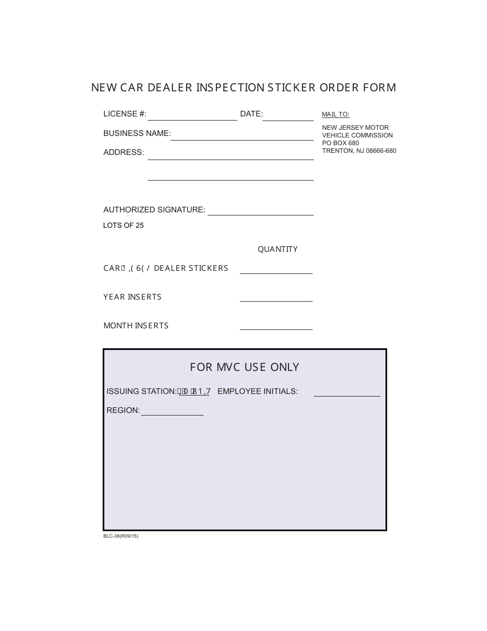 Form BLC-38 New Car Dealer Inspection Sticker Order Form - New Jersey, Page 1
