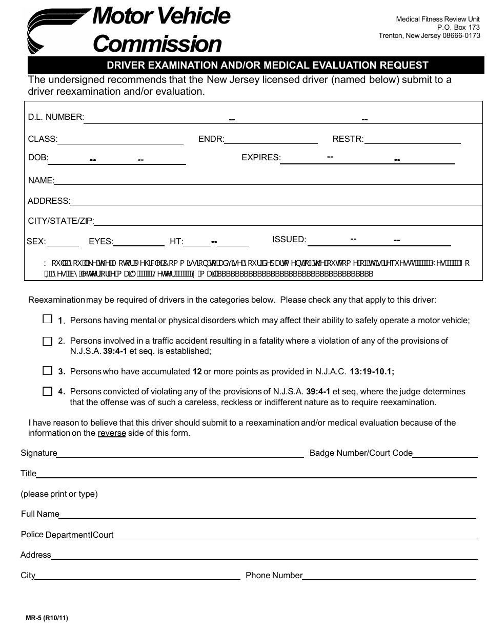 Form MR-5 Driver Examination and / or Medical Evaluation Request - New Jersey, Page 1