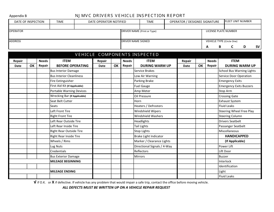Appendix B Njmvc Drivers Vehicle Inspection Report - New Jersey, Page 1