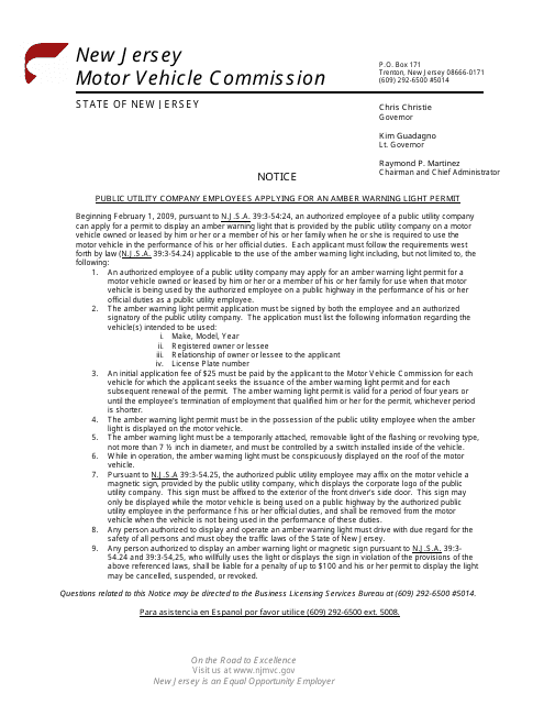 Form BLS-34A Amber Warning Light Permit Application - Public Utility Company Employee - New Jersey
