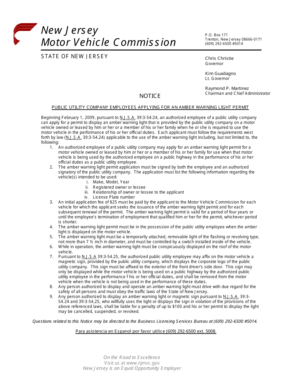 Form BLS-34A Amber Warning Light Permit Application - Public Utility Company Employee - New Jersey, Page 1