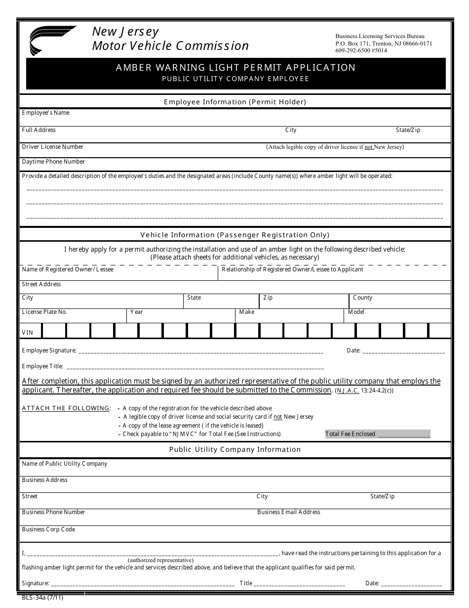 Form BLS-34A Amber Warning Light Permit Application - Public Utility Company Employee - New Jersey, Page 2