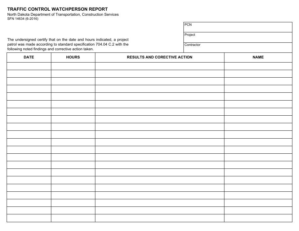 Form SFN14634 Traffic Control Watchperson Report - North Dakota, Page 1