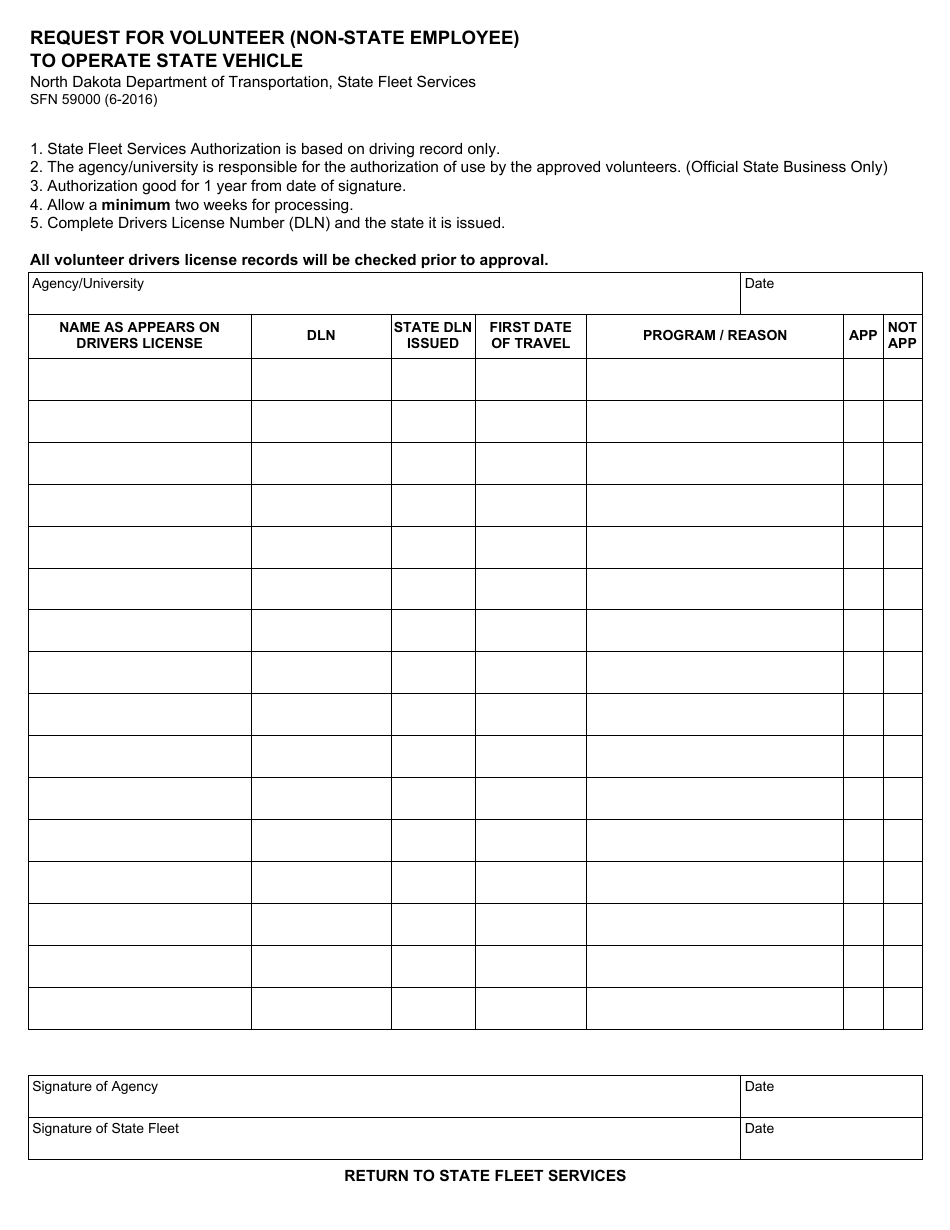 Form SFN59000 Request for Volunteer (Non-state Employee) to Operate State Vehicle - North Dakota, Page 1