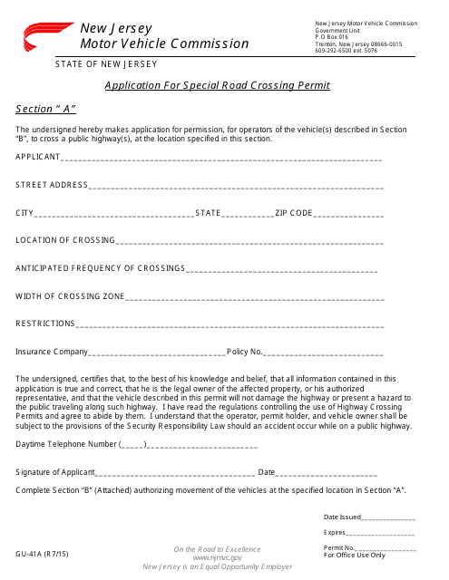 Form GU-41A Application for Special Road Crossing Permit - Section a - New Jersey