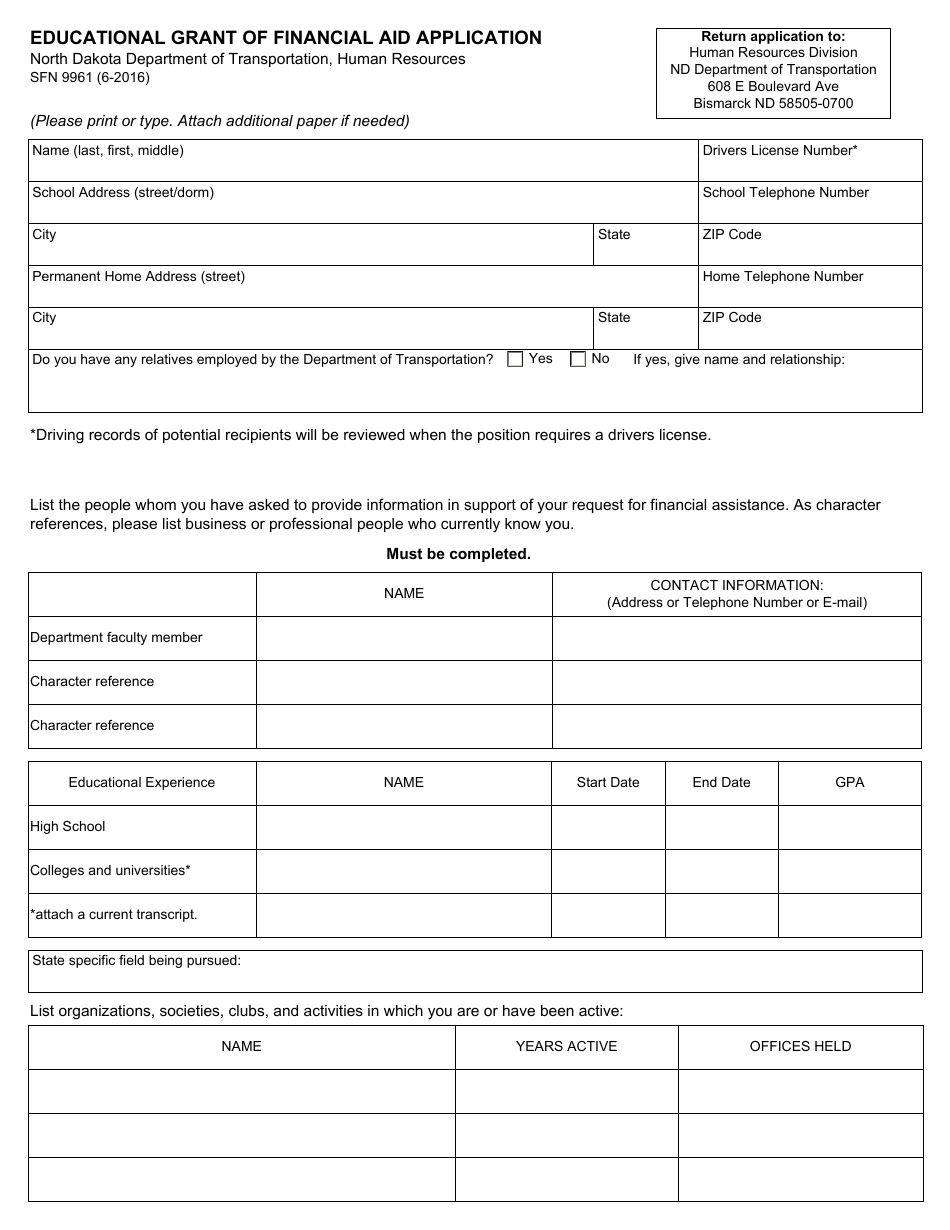 Form SFN9961 Educational Grant of Financial Aid Application - North Dakota, Page 1