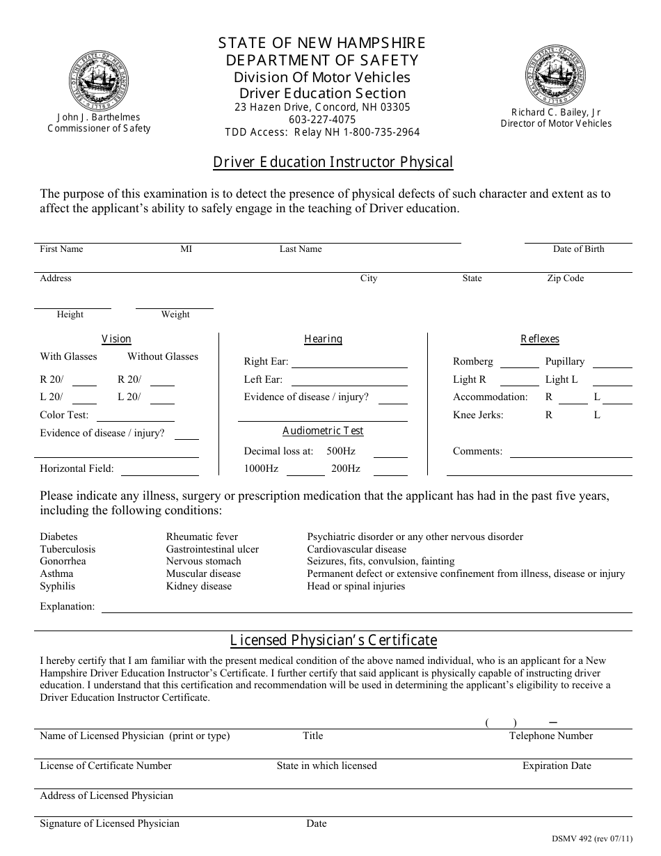 Form DSMV492 Driver Education Instructor Physical - New Hampshire, Page 1