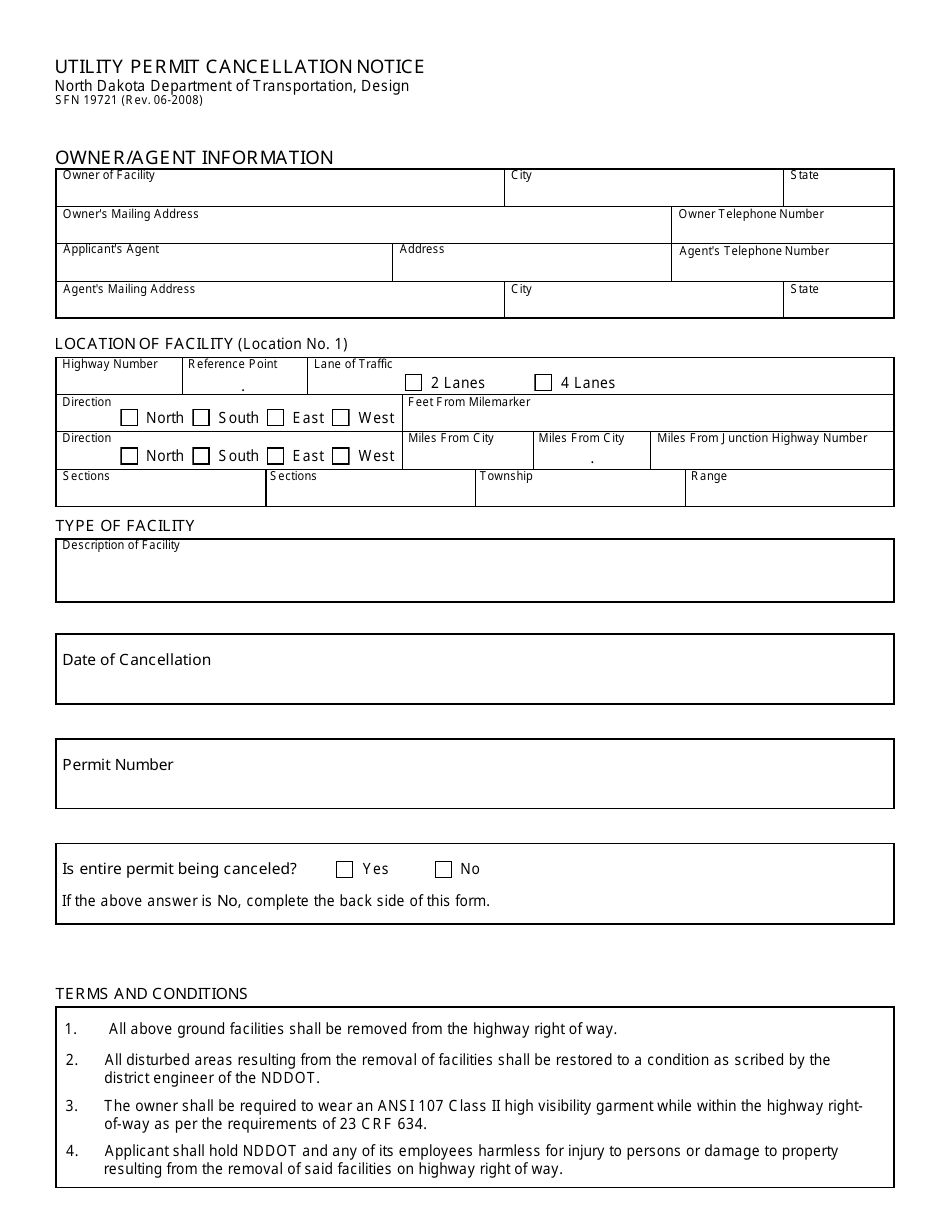 Form SFN19721 Utility Permit Cancellation Notice - North Dakota, Page 1