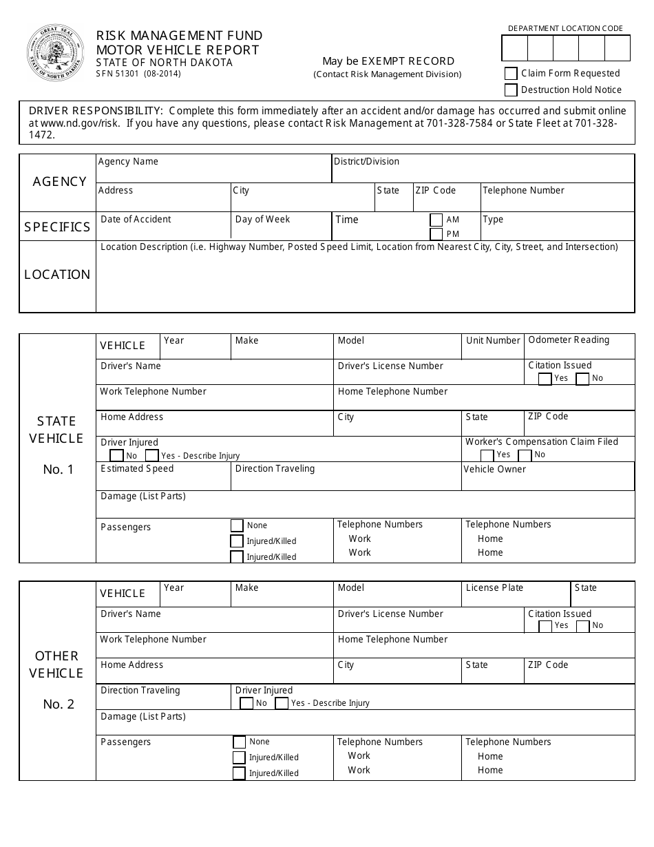 Form SFN51301 Risk Management Fund Motor Vehicle Report - North Dakota, Page 1