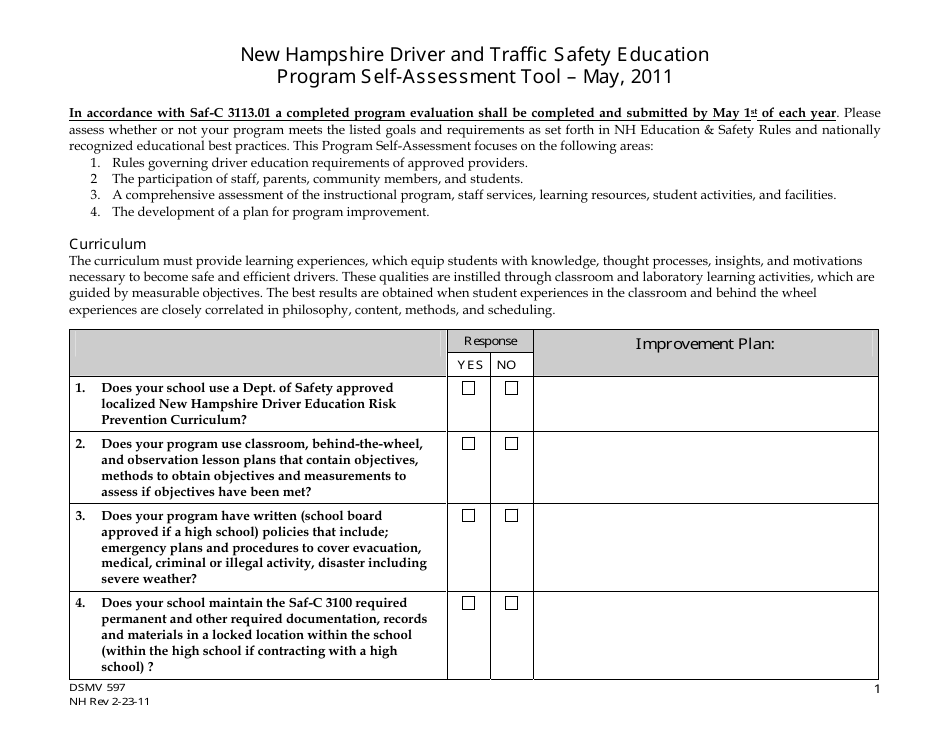 Form DSMV597 Program Self Assessment Tool - New Hampshire, Page 1