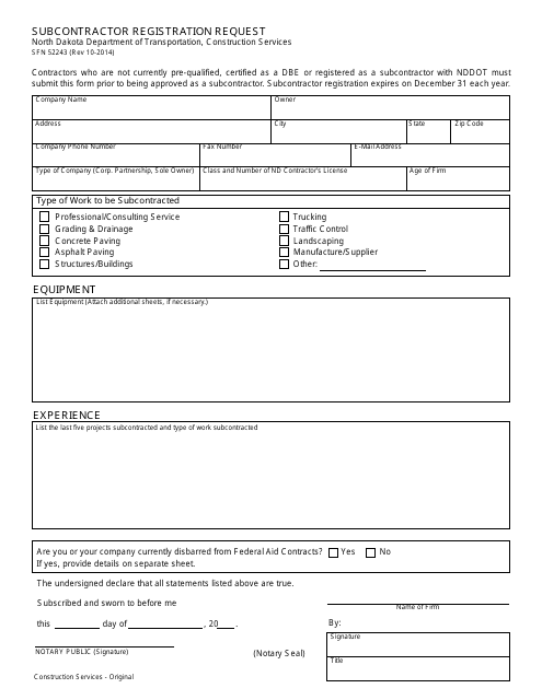 Form SFN52243 Subcontractor Registration Request - North Dakota