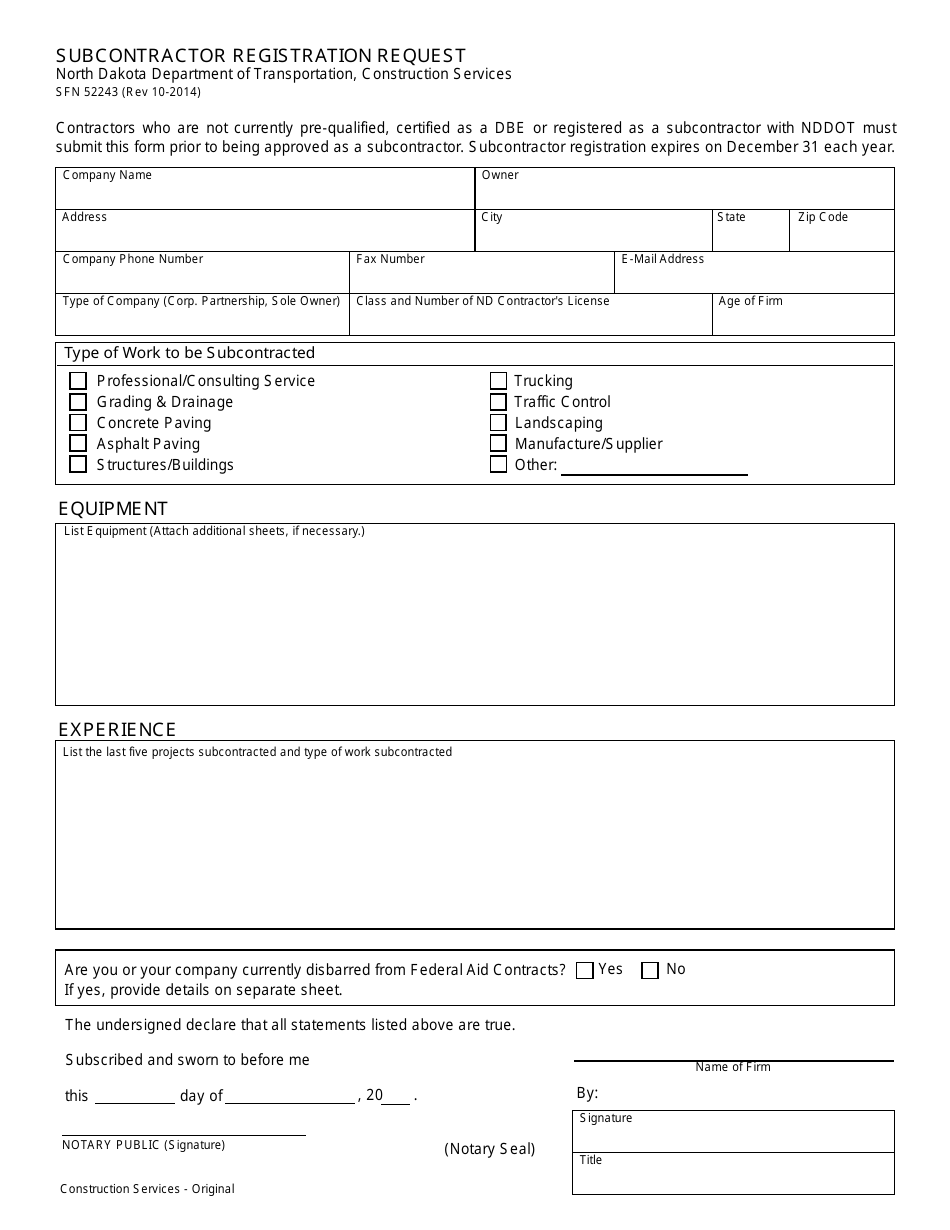 Form SFN52243 Subcontractor Registration Request - North Dakota, Page 1
