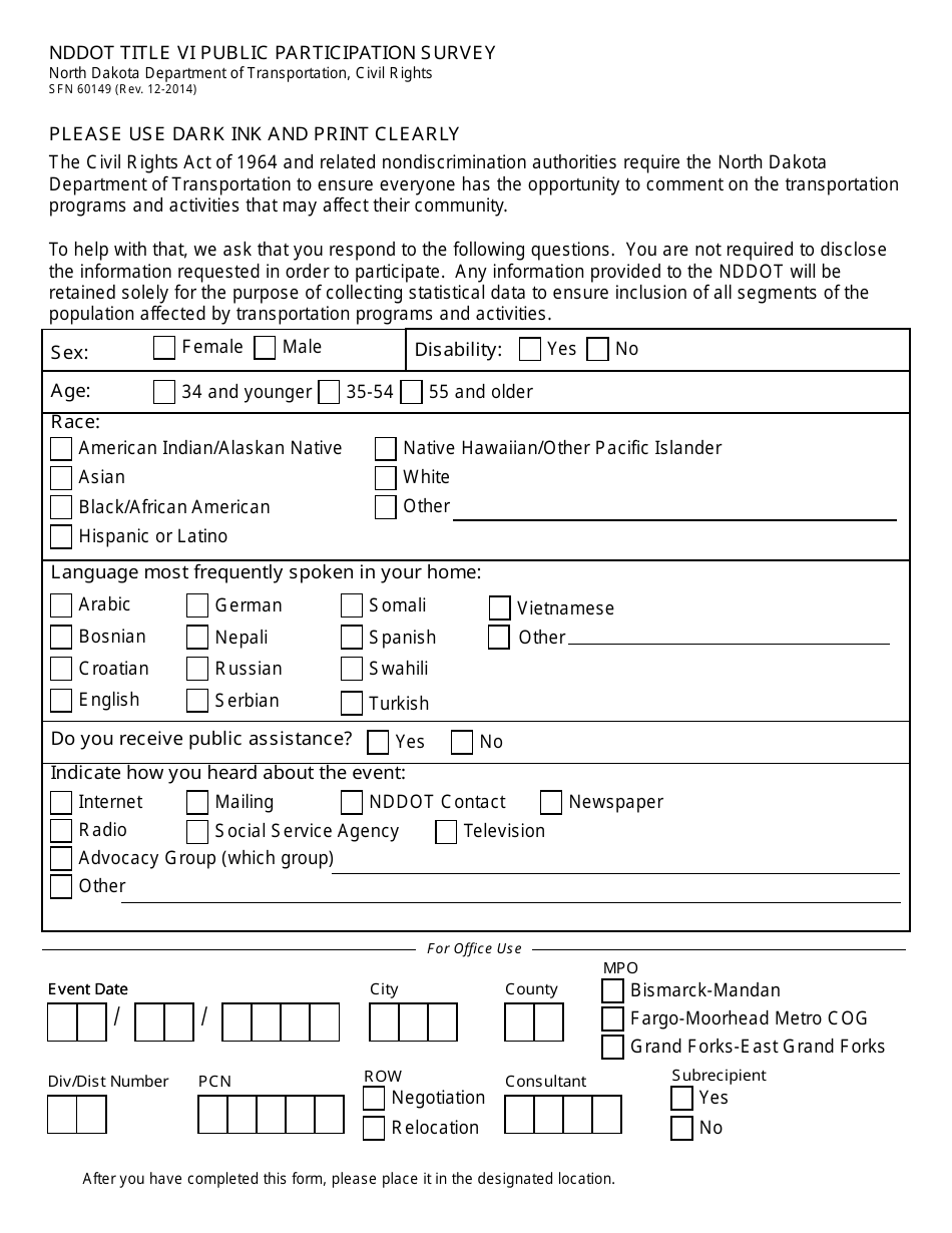 Form SFN60149 Nddot Title VI Public Participation Survey - North Dakota, Page 1