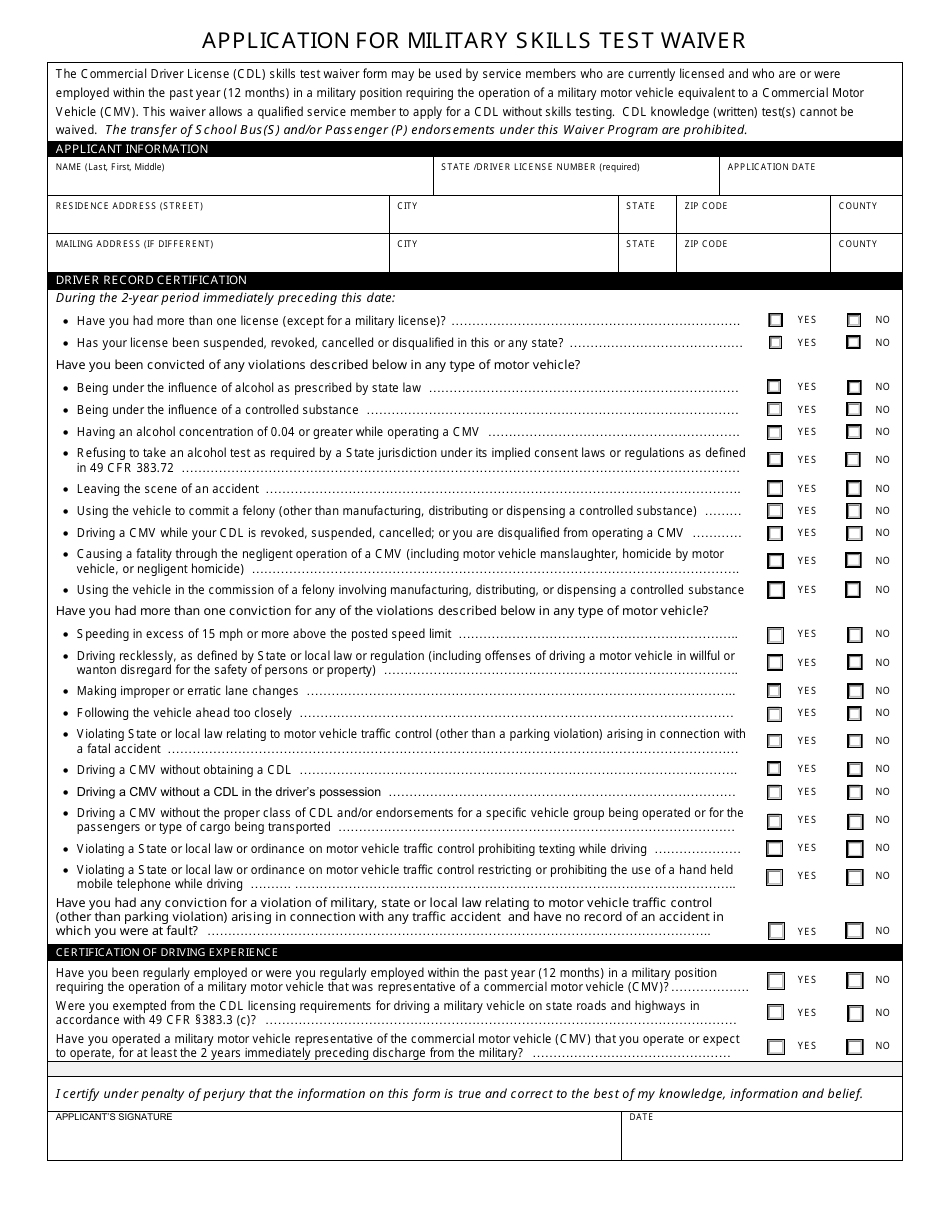 Form DSMV609 Application for Military Skills Test Waiver - New Hampshire, Page 1