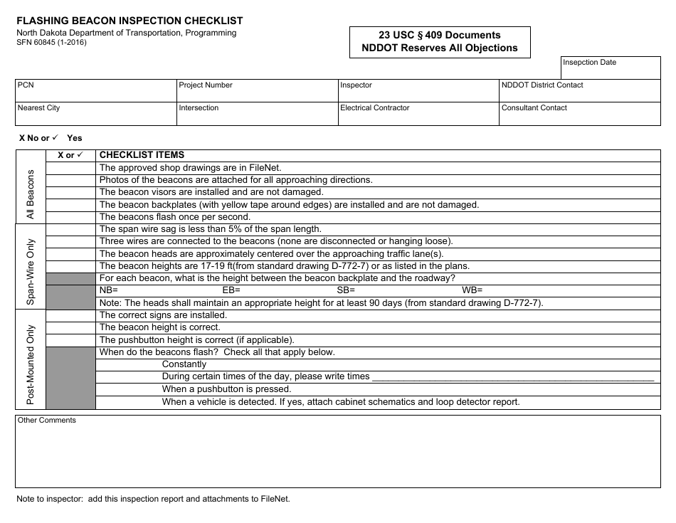 Form SFN60845 Flashing Beacon Inspection Checklist - North Dakota, Page 1