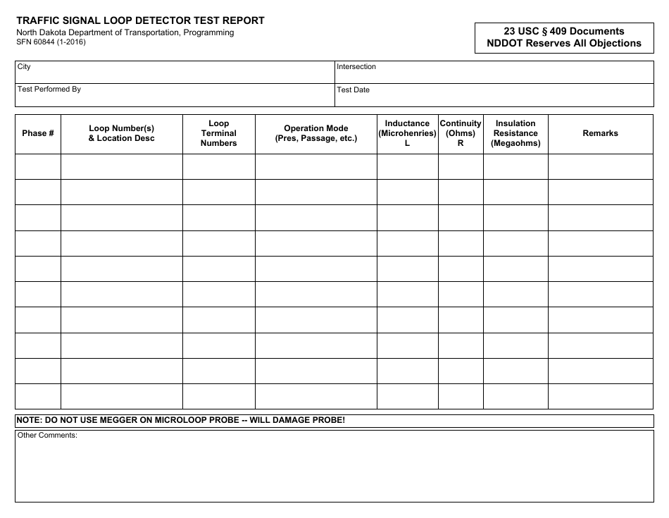 Form SFN60844 Traffic Signal Loop Detector Test Report - North Dakota, Page 1
