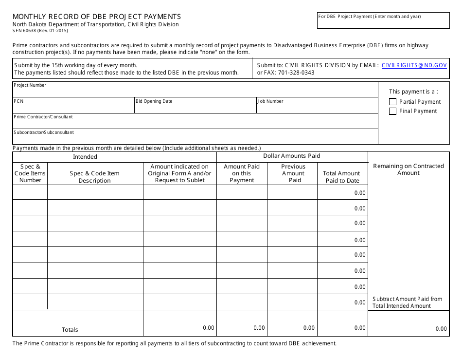 Form SFN60638 Monthly Record of Dbe Project Payments - North Dakota, Page 1