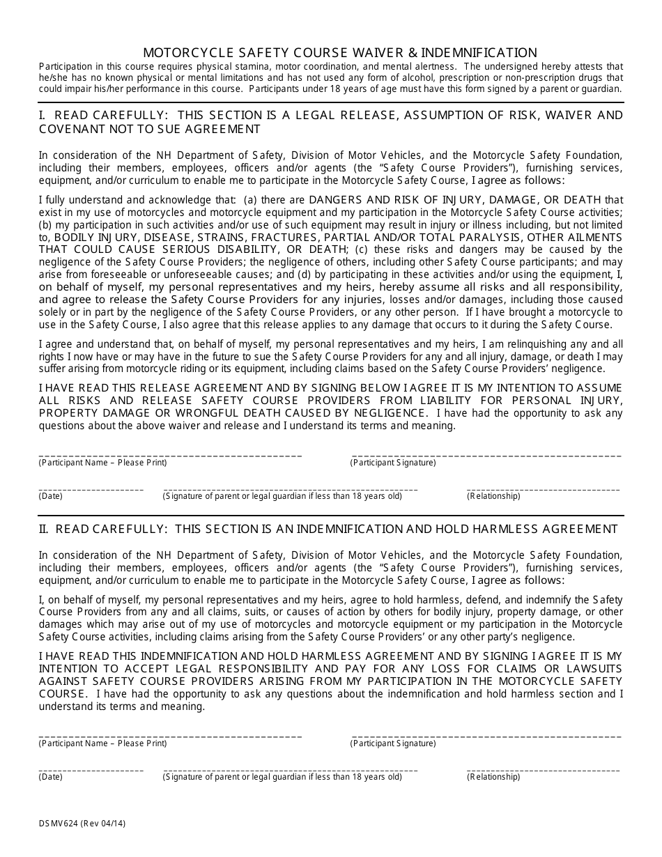 Form DSMV624 Motorcycle Safety Course Waiver  Indemnification - New Hampshire, Page 1