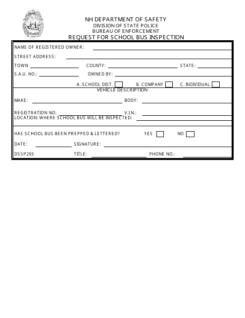 Form DSSP293 Request for School Bus Inspection - New Hampshire