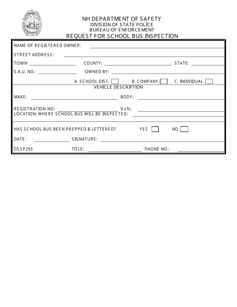 Form DSSP293 Request for School Bus Inspection - New Hampshire, Page 1