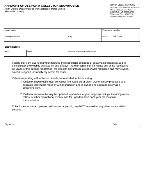 Form SFN54339 Affidavit of Use for a Collector Snowmobile - North Dakota
