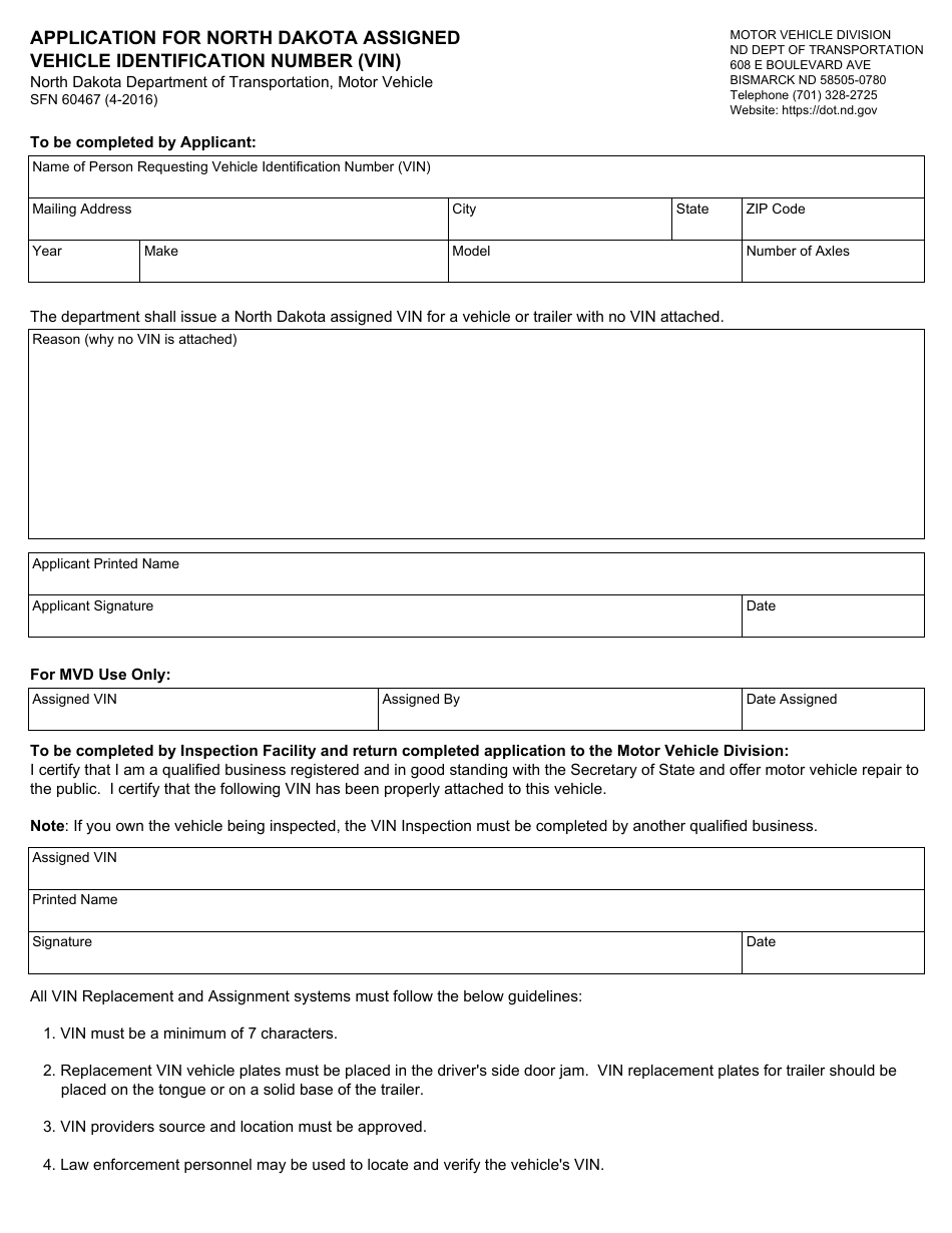 Form SFN60467 Application for North Dakota Assigned Vehicle Identification Number (Vin) - North Dakota, Page 1