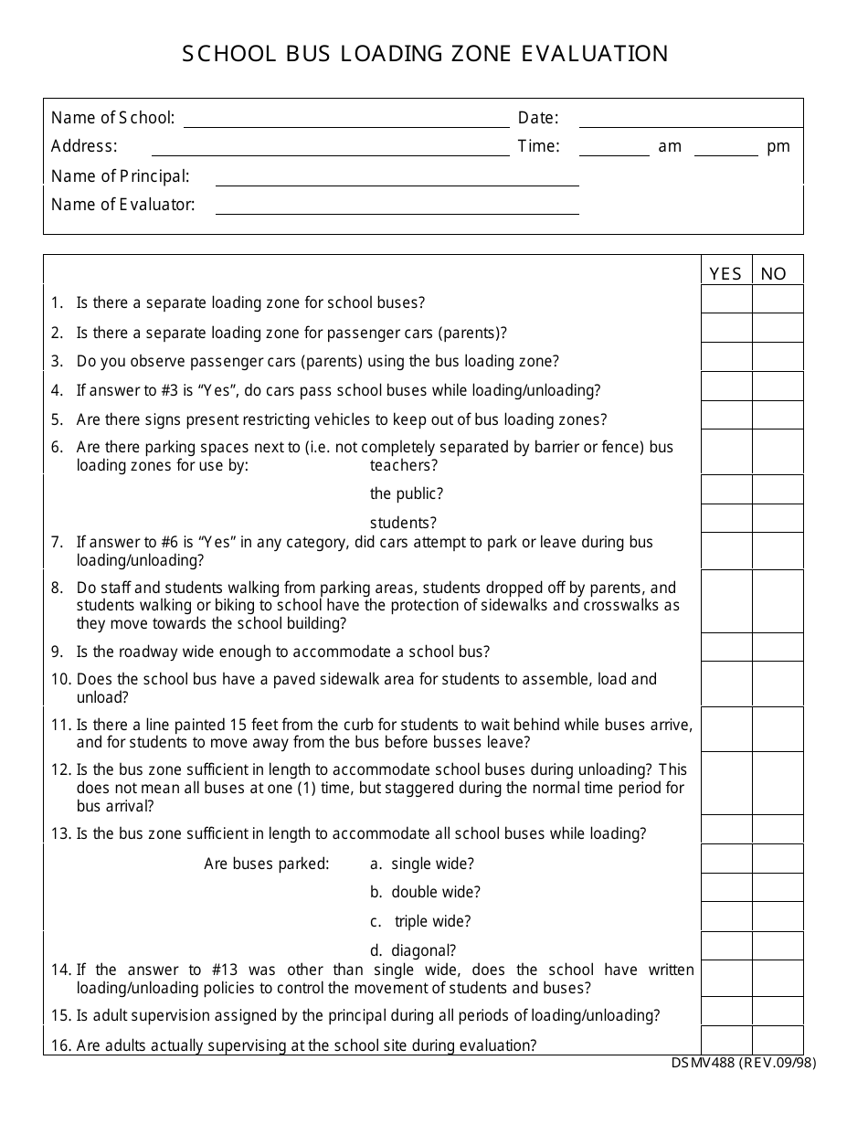 Form DSMV488 School Bus Loading Zone Evaluation - New Hampshire, Page 1
