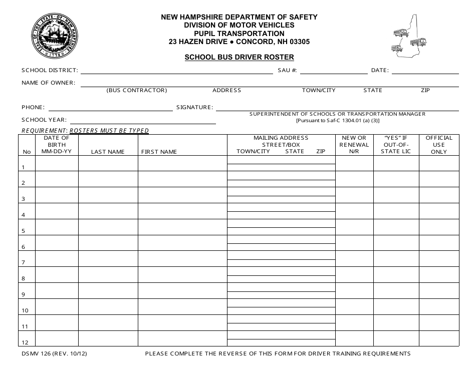 Form DSMV126 School Bus Driver Roster - New Hampshire, Page 1