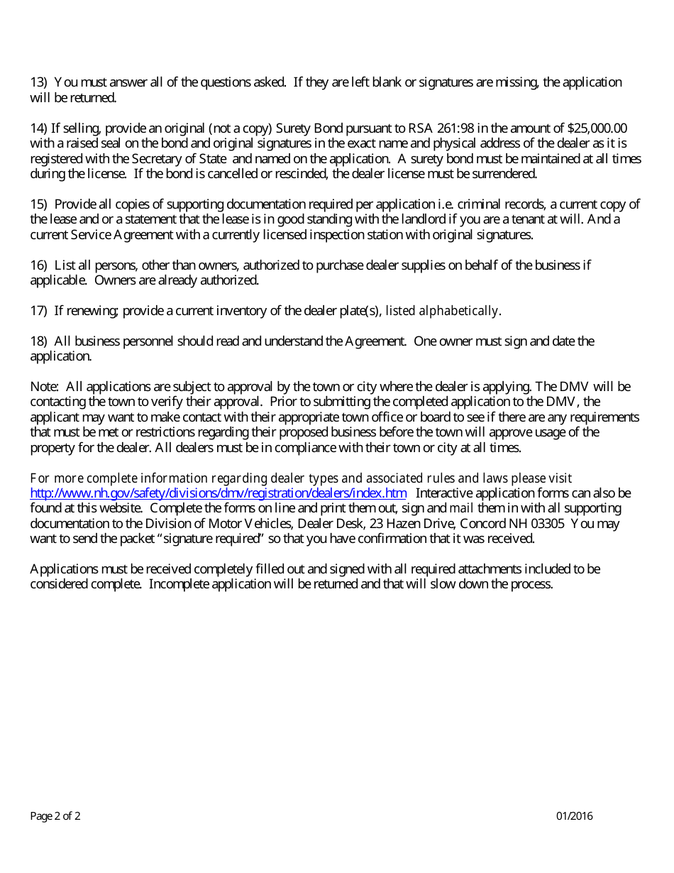 Form RDMV710 Application for Automotive Recycling Dealer Registration - New Hampshire, Page 2