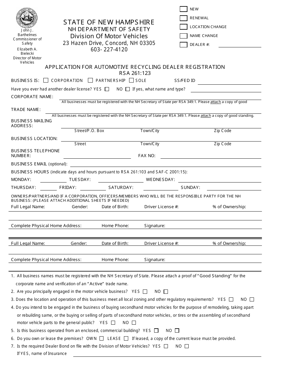 Form RDMV710 Application for Automotive Recycling Dealer Registration - New Hampshire, Page 3