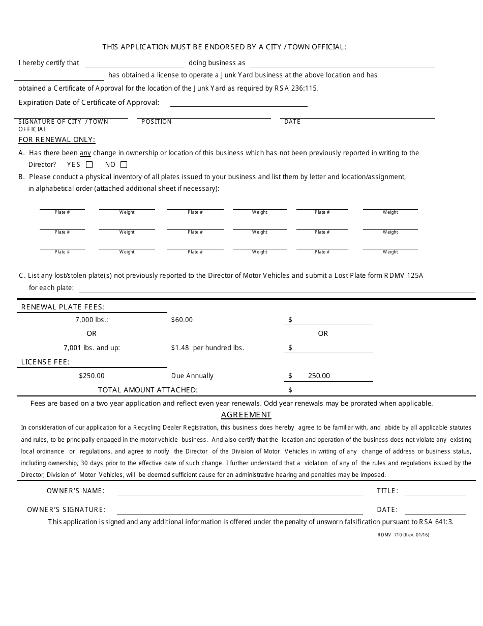 Form RDMV710 Application for Automotive Recycling Dealer Registration - New Hampshire, Page 4