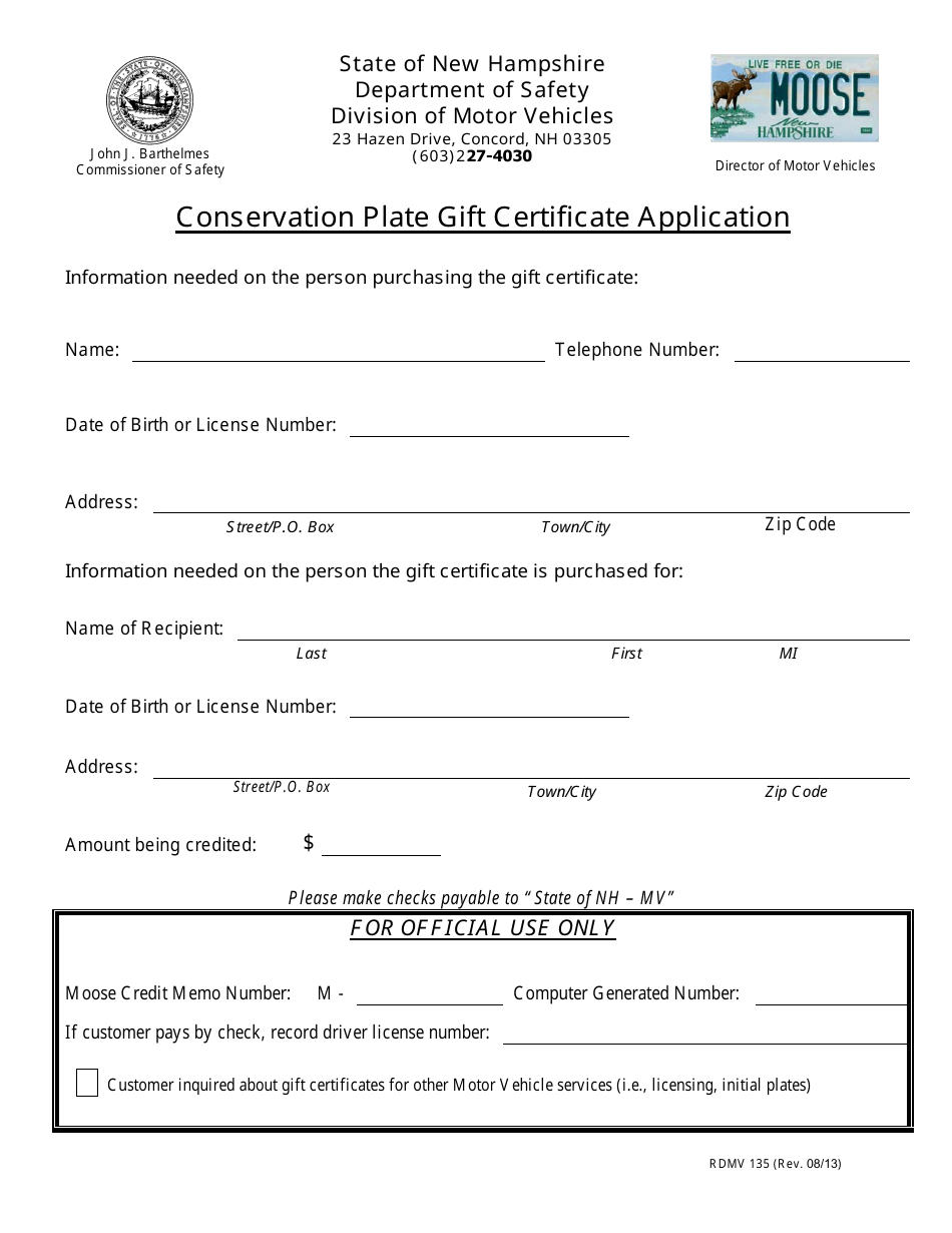 Form RDMV135 Conservation Plate Gift Certificate Application - New Hampshire, Page 1
