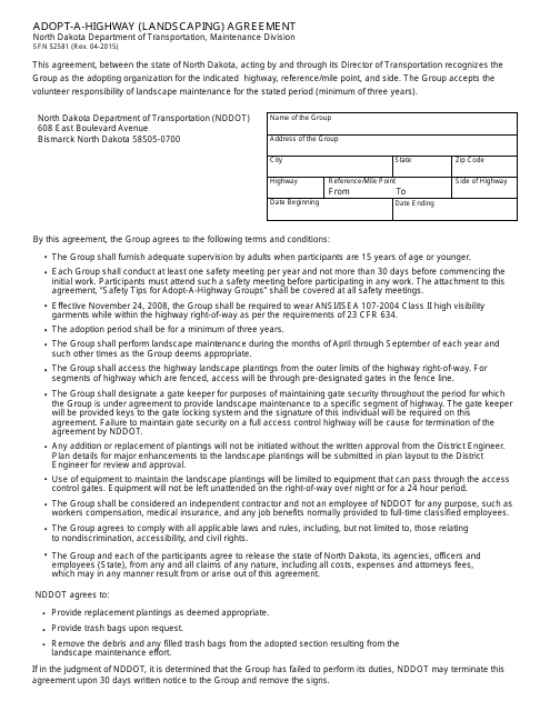Form SFN52581 Adopt-A-highway (Landscaping) Agreement - North Dakota