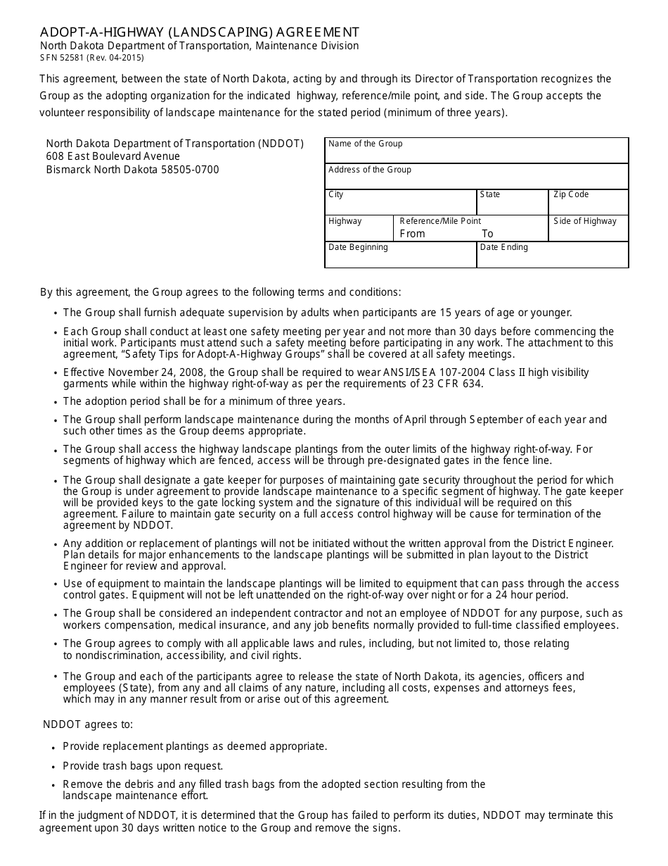 Form SFN52581 Adopt-A-highway (Landscaping) Agreement - North Dakota, Page 1